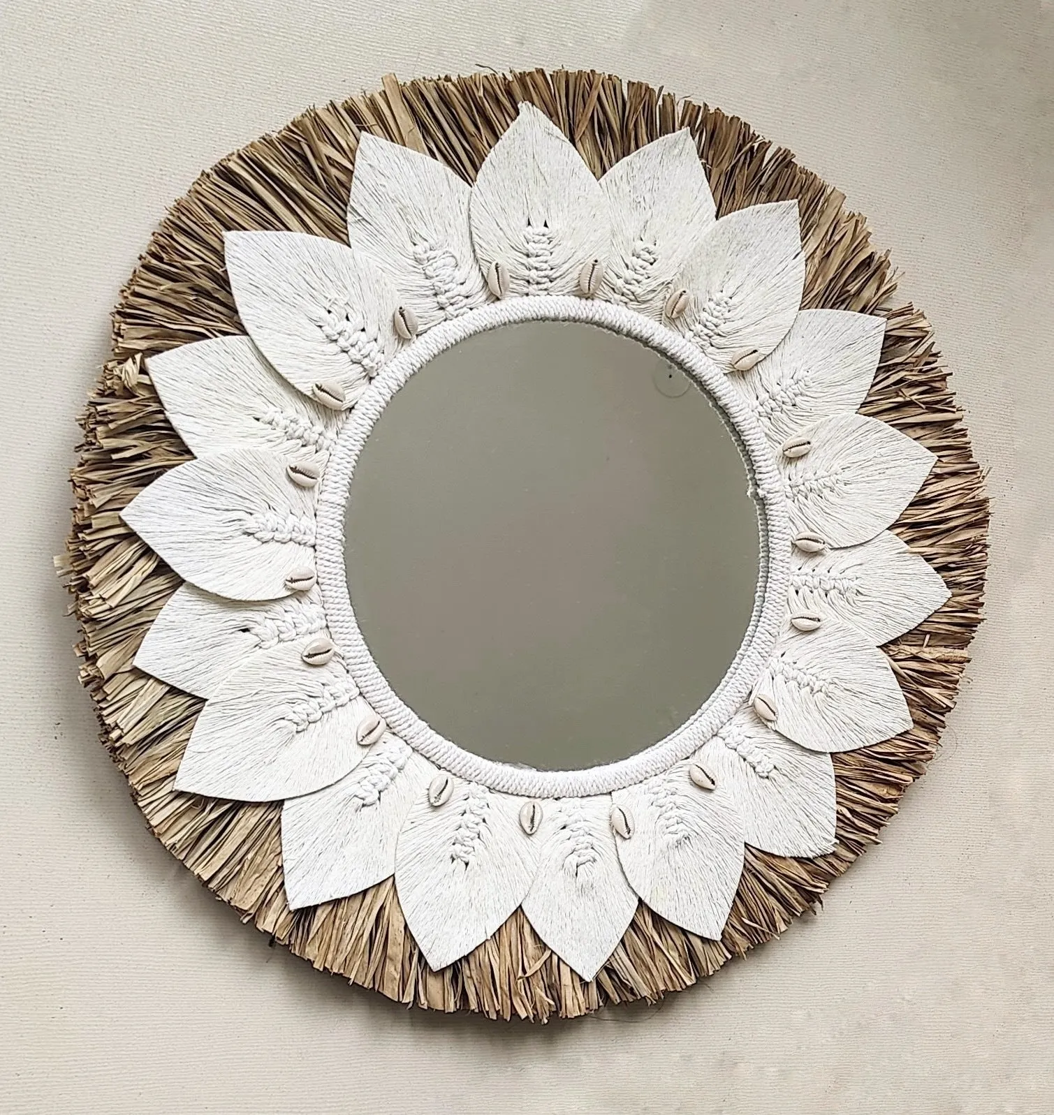 Home Decor - Large Raffia and Macrame Round Wall Hanging Mirror.