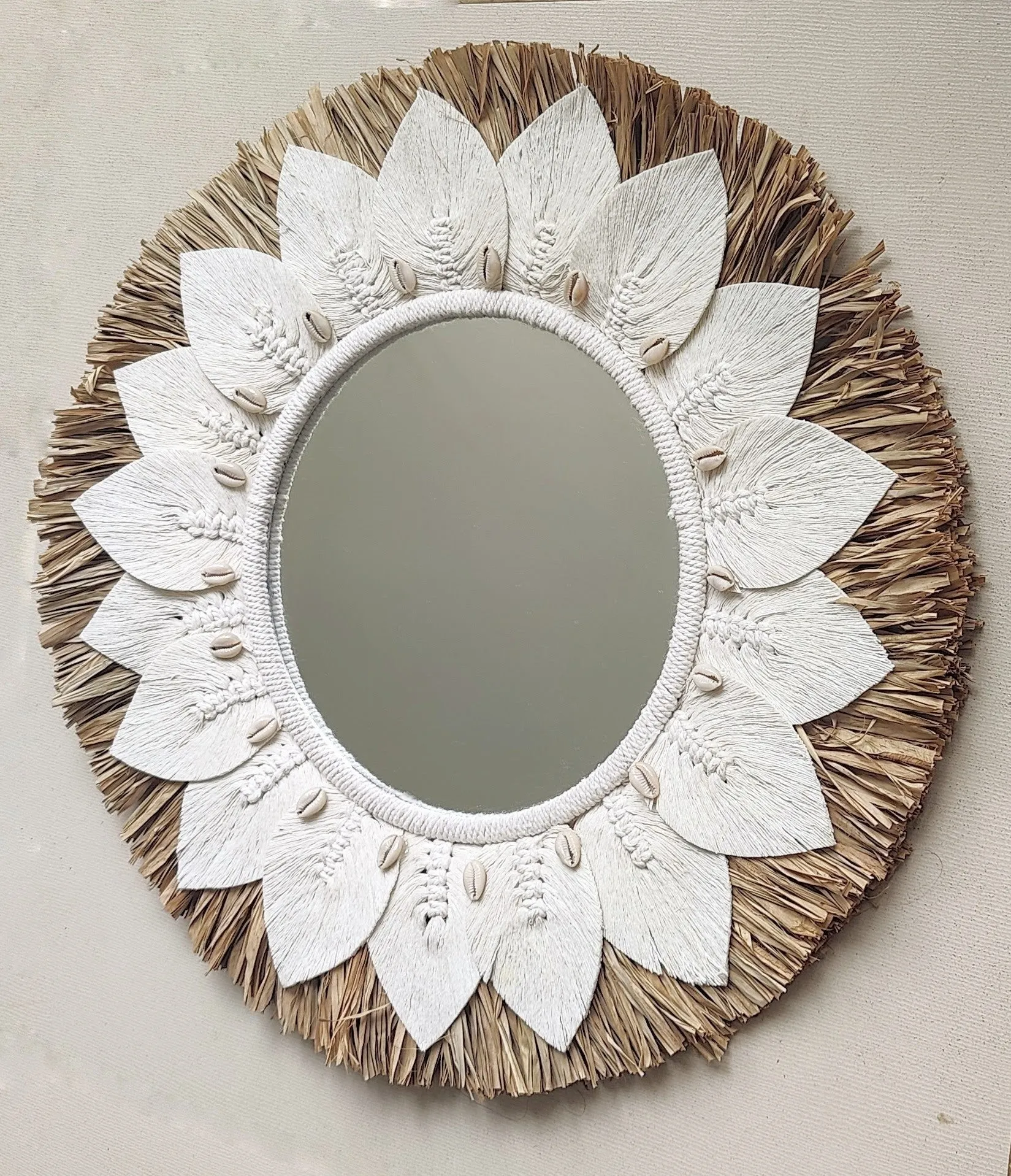 Home Decor - Large Raffia and Macrame Round Wall Hanging Mirror.