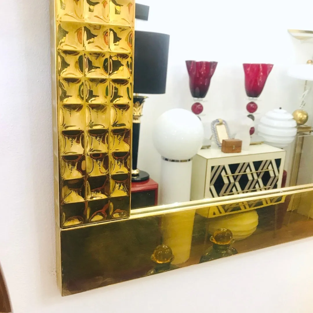 Italian 1970s Vintage Brass Square Wall Mirror with Modern Gold Jewel-Like Detail