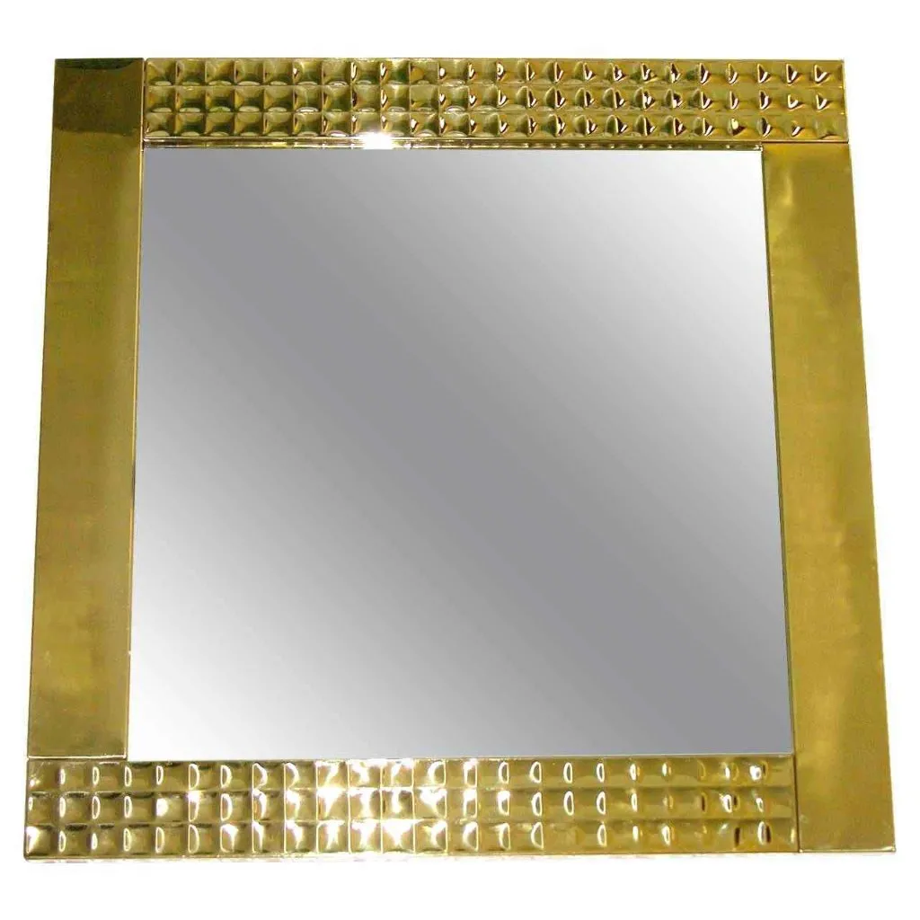 Italian 1970s Vintage Brass Square Wall Mirror with Modern Gold Jewel-Like Detail