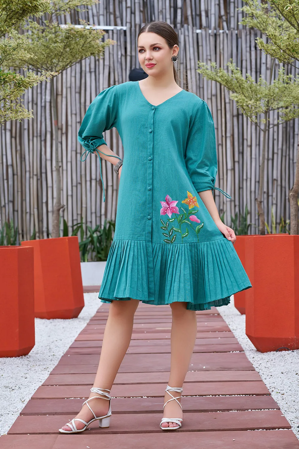 Jade Green Cotton Hand Painted V-Neck Dress