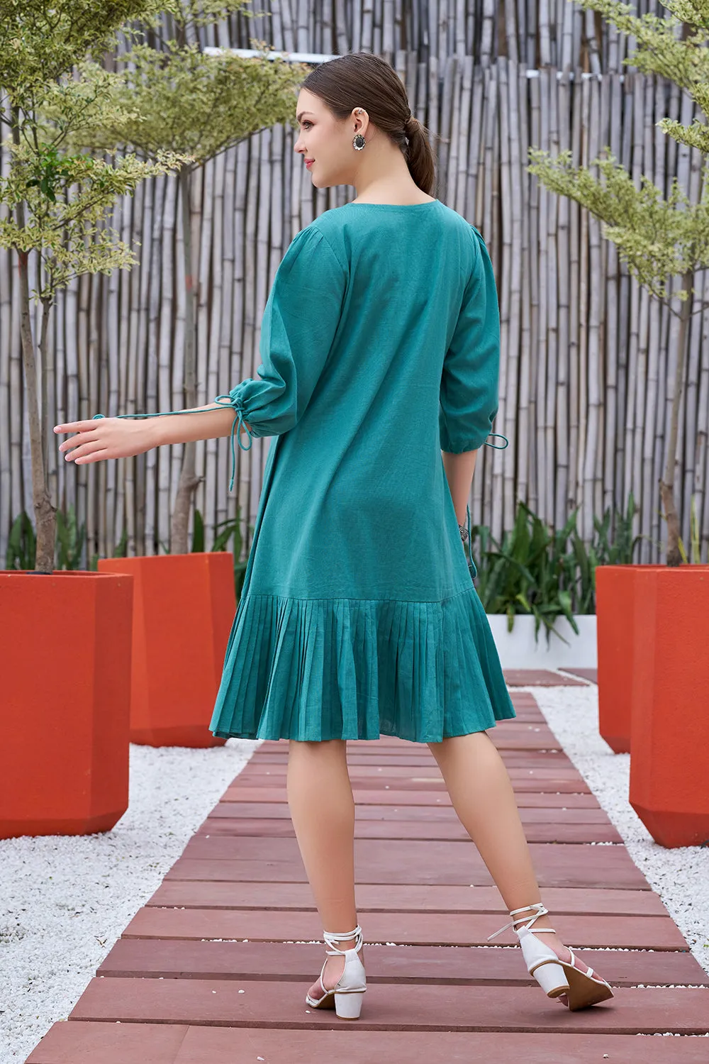 Jade Green Cotton Hand Painted V-Neck Dress
