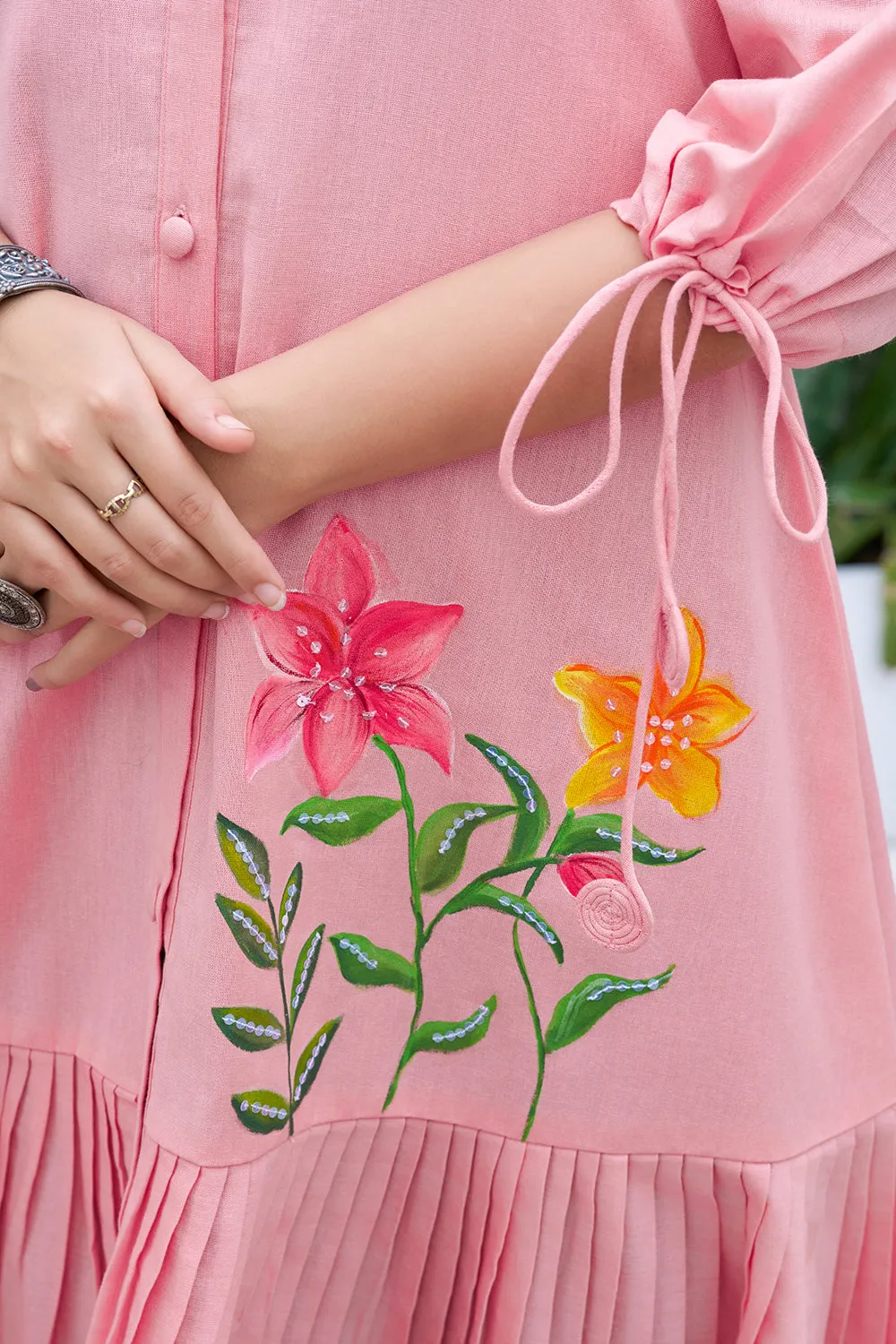 Jade Green Cotton Hand Painted V-Neck Dress