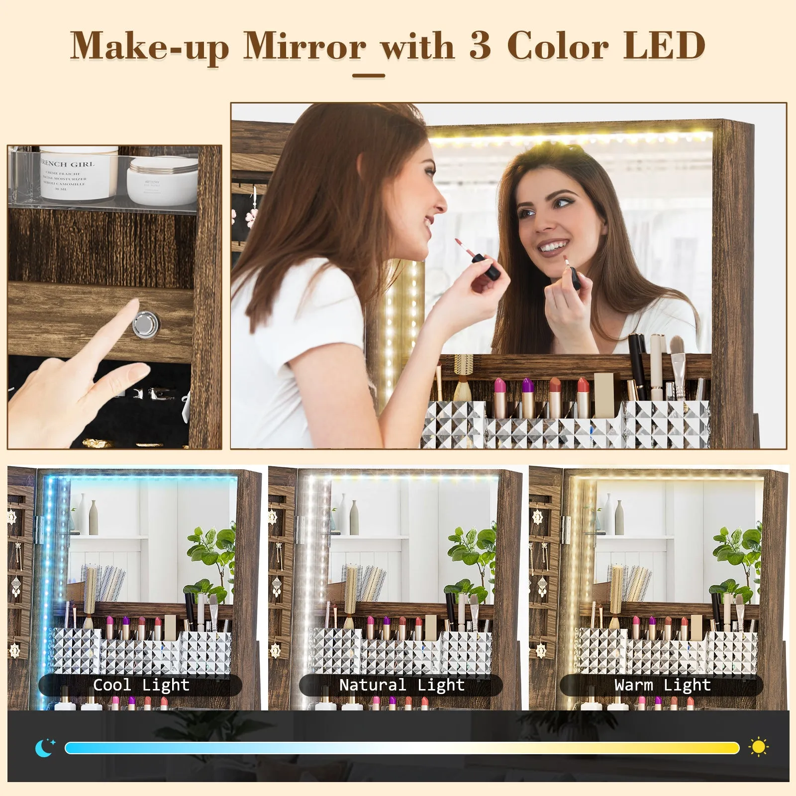 Jewelry Cabinet with Full-Length Mirror with Inside Makeup Mirror, 360° Swivel, Lockable