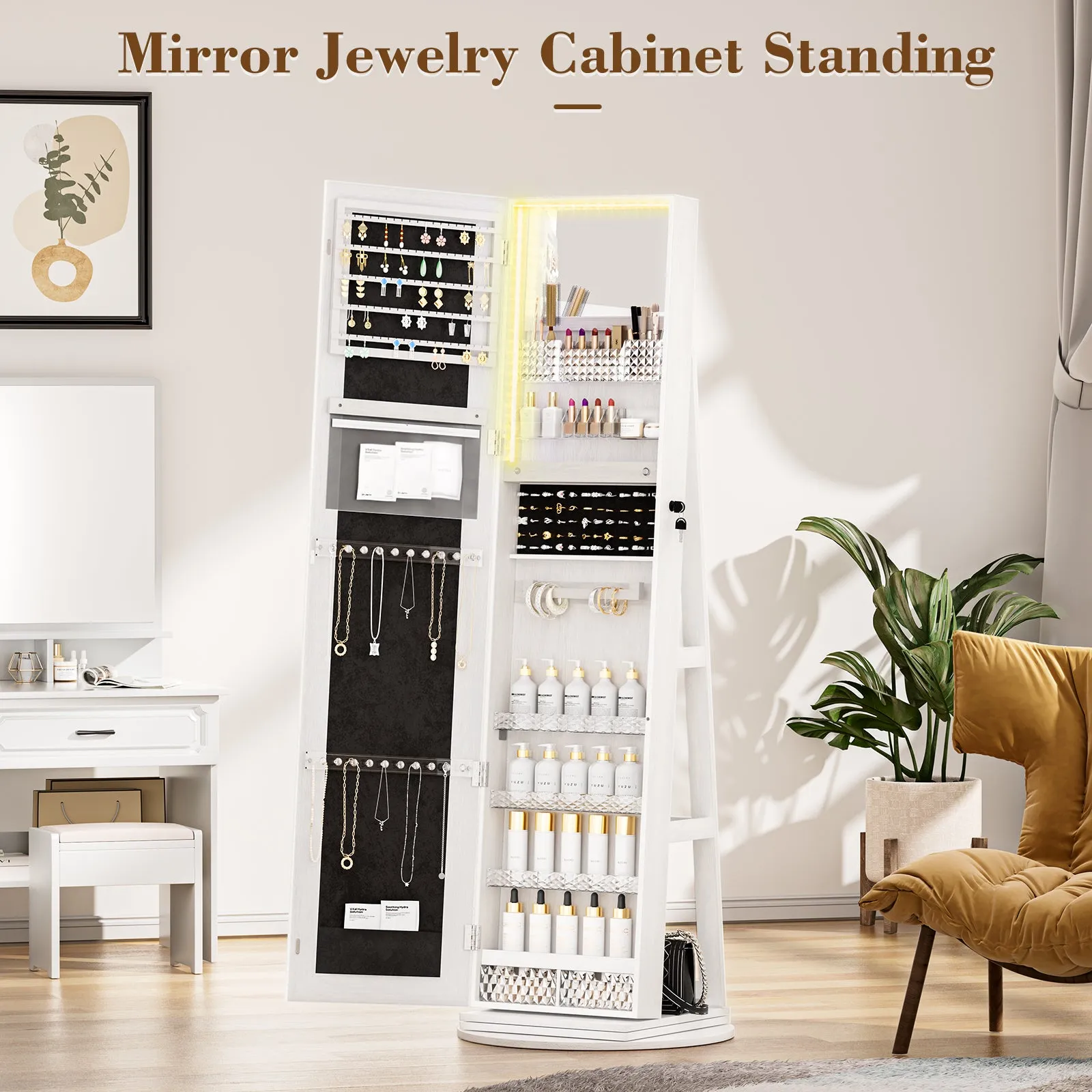 Jewelry Cabinet with Full-Length Mirror with Inside Makeup Mirror, 360° Swivel, Lockable