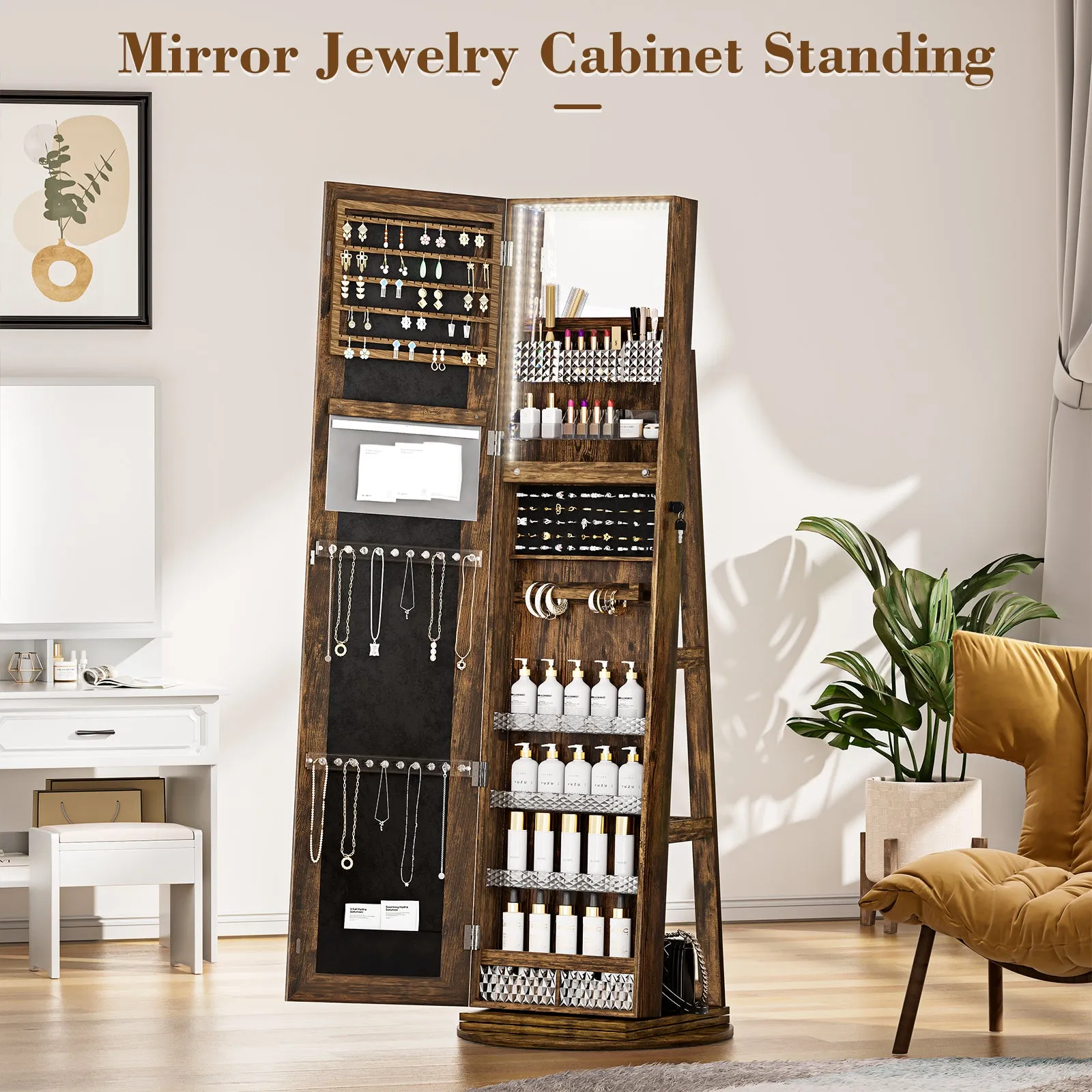 Jewelry Cabinet with Full-Length Mirror with Inside Makeup Mirror, 360° Swivel, Lockable