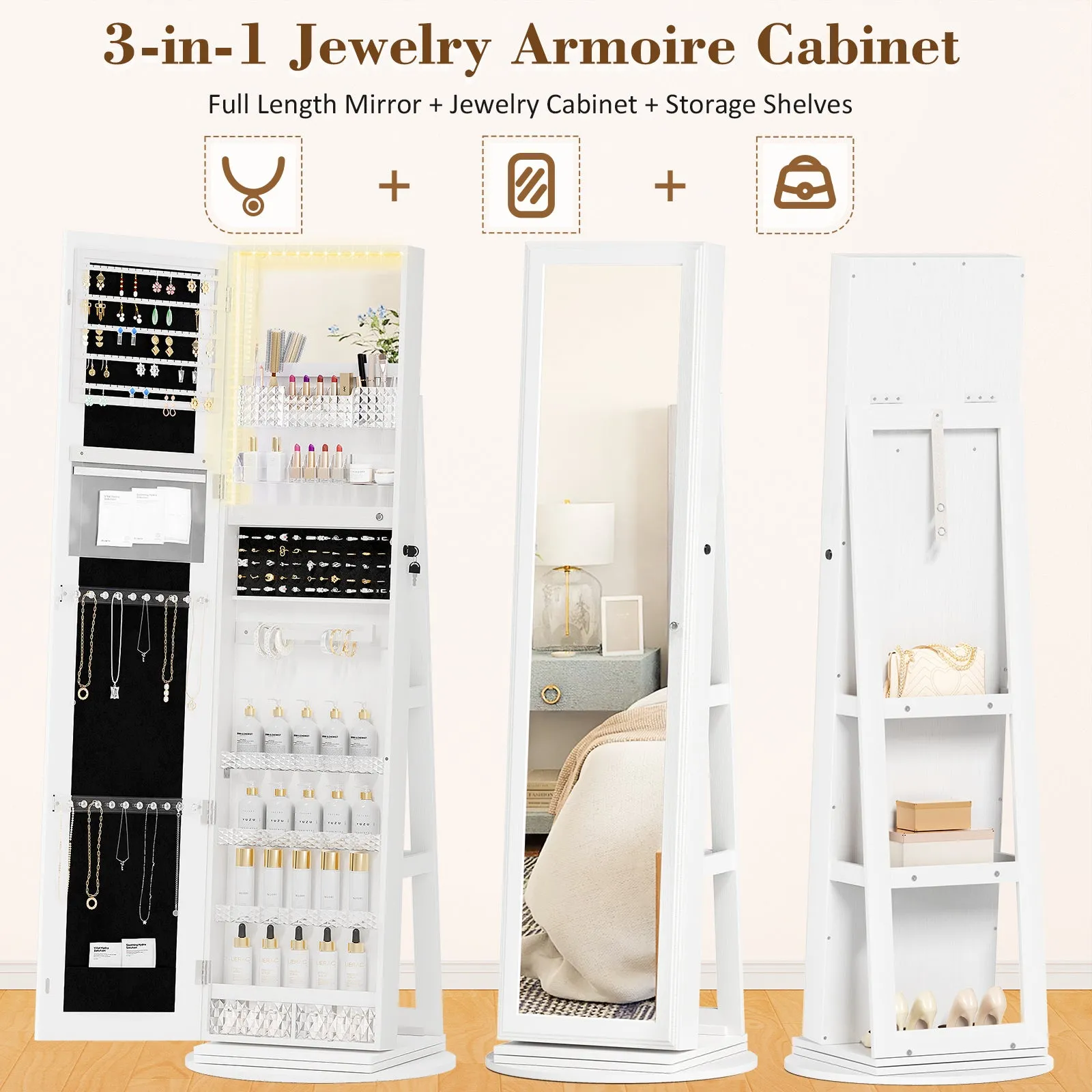 Jewelry Cabinet with Full-Length Mirror with Inside Makeup Mirror, 360° Swivel, Lockable