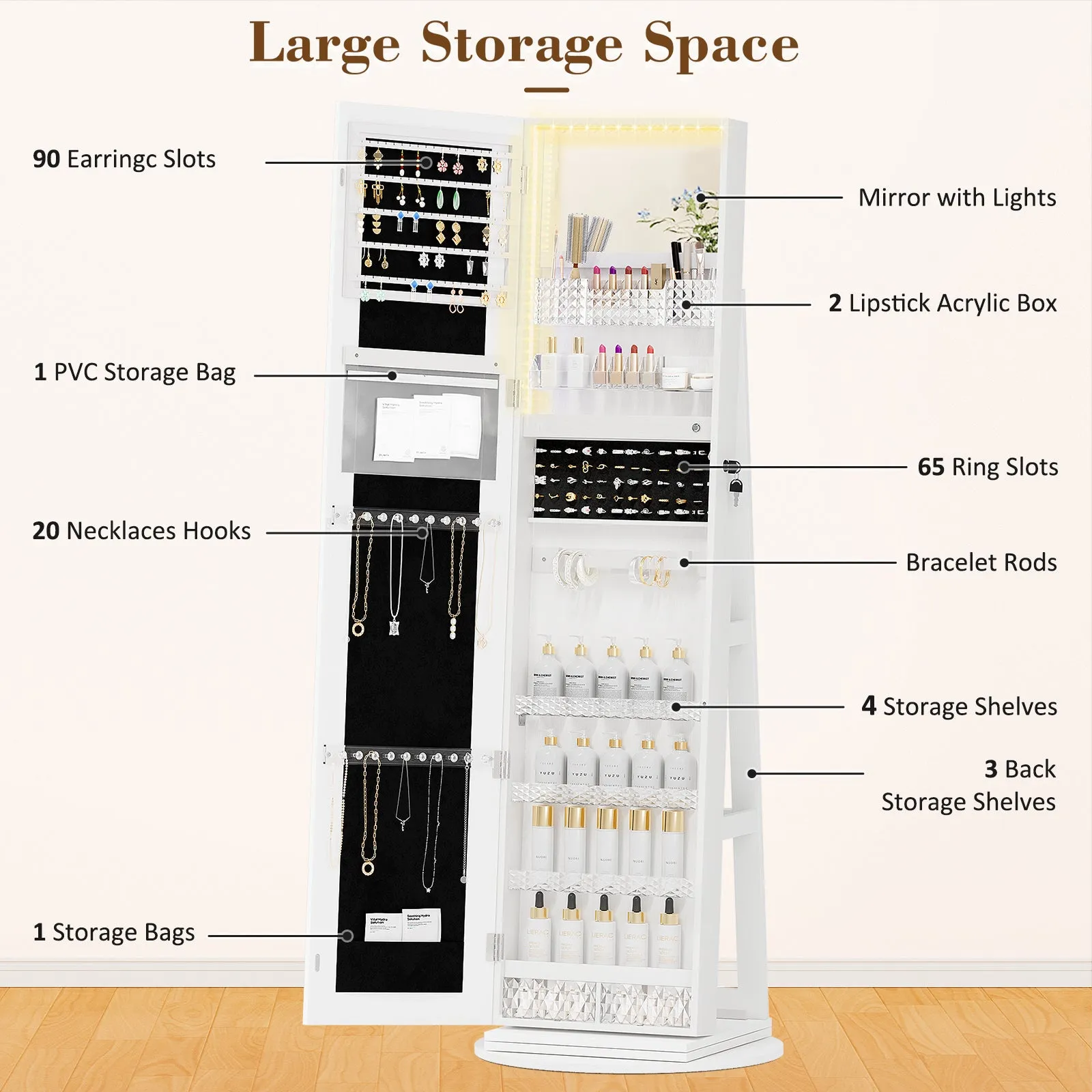 Jewelry Cabinet with Full-Length Mirror with Inside Makeup Mirror, 360° Swivel, Lockable