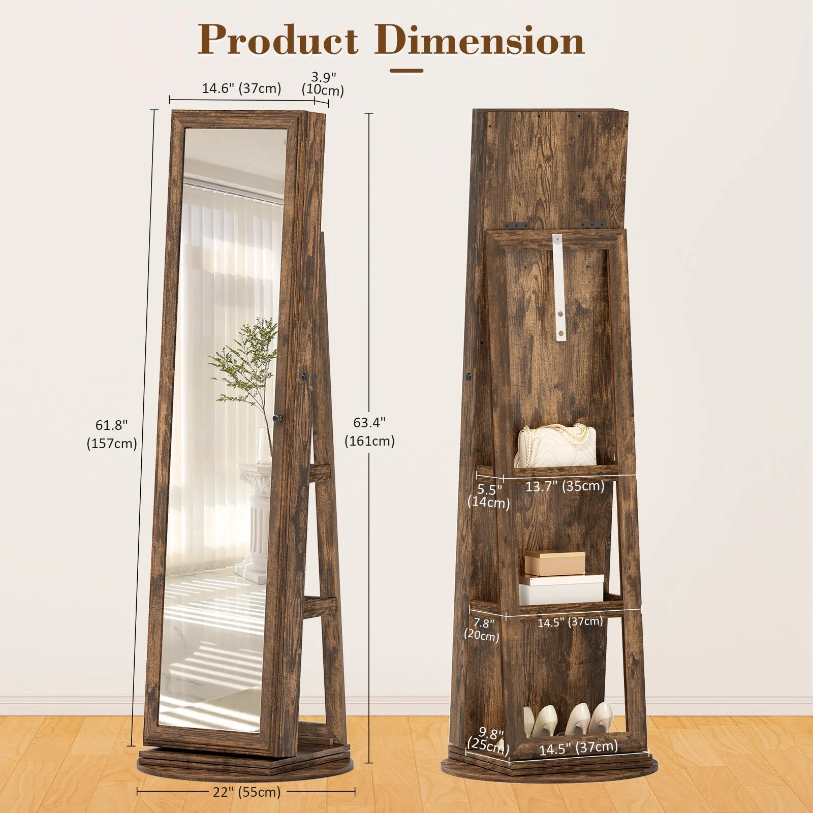 Jewelry Cabinet with Full-Length Mirror with Inside Makeup Mirror, 360° Swivel, Lockable