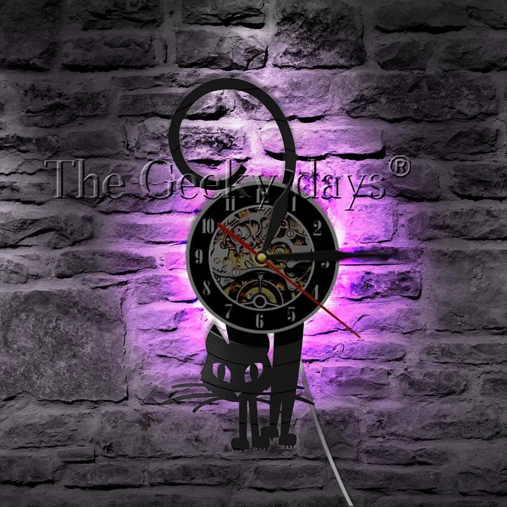 Kitty Cat Vinyl Record Wall Art Modern Wall Clock Kitten Retro Handmade Hanging Timepieces Clock Watch Home Decor Cat Lover Gift