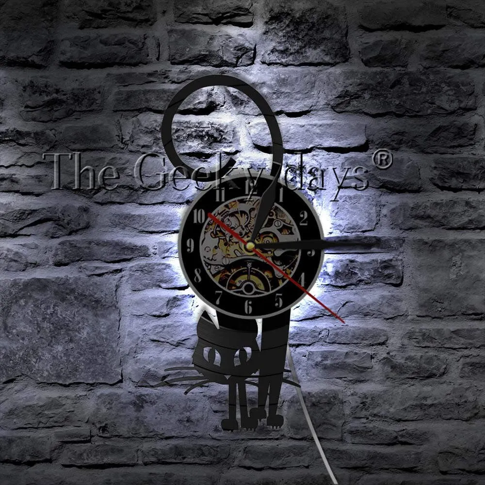 Kitty Cat Vinyl Record Wall Art Modern Wall Clock Kitten Retro Handmade Hanging Timepieces Clock Watch Home Decor Cat Lover Gift