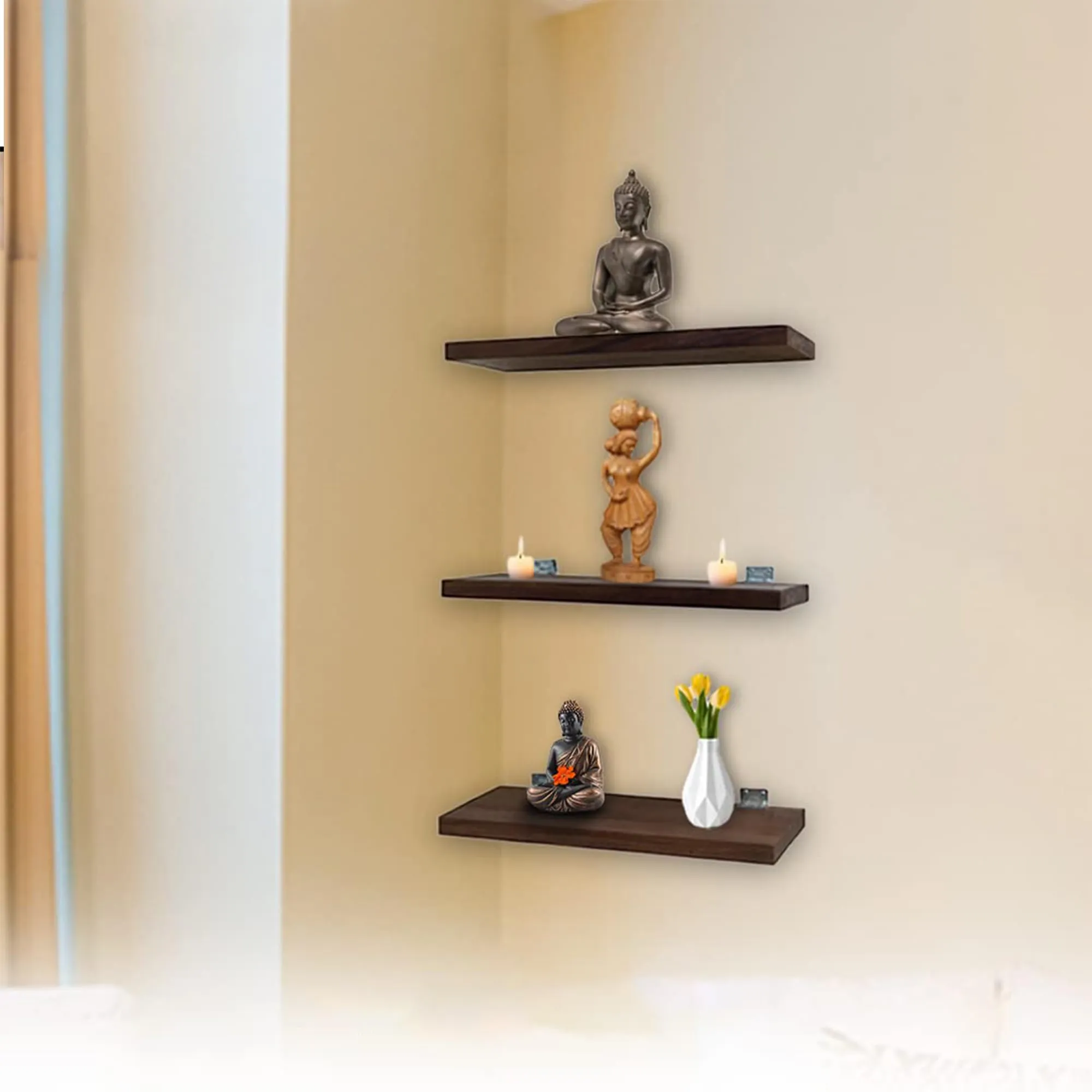 Kuber Industries Durable & Sturdy 3 Piece Termite Resistent Sheesham Wood Wall Mount Wooden Wall Shelf for Bedroom & Living Room | Furniture Wall Rack Shelf for Decor | Brown