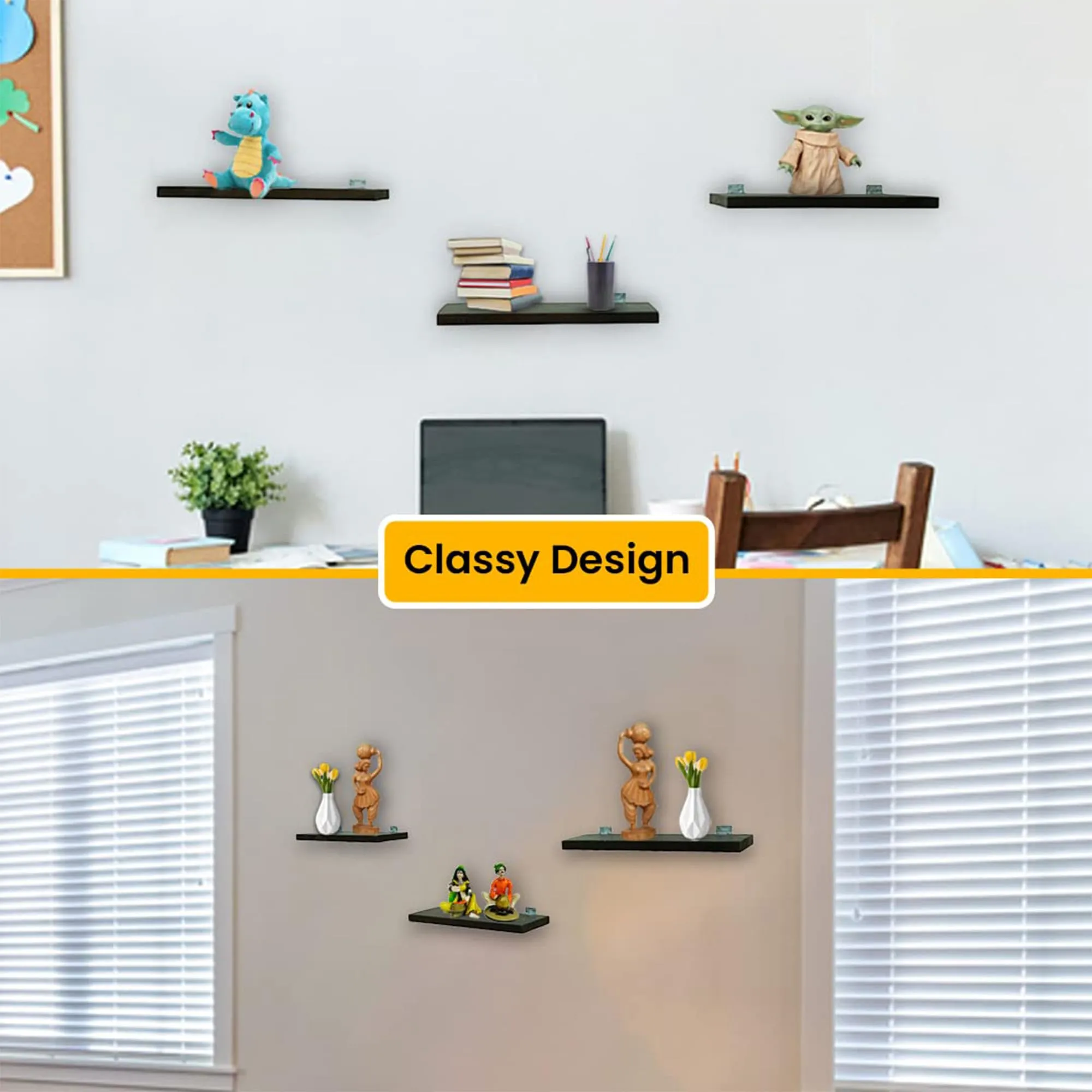 Kuber Industries Durable & Sturdy 3 Piece Termite Resistent Sheesham Wood Wall Mount Wooden Wall Shelf for Bedroom & Living Room | Furniture Wall Rack Shelf for Decor | Brown
