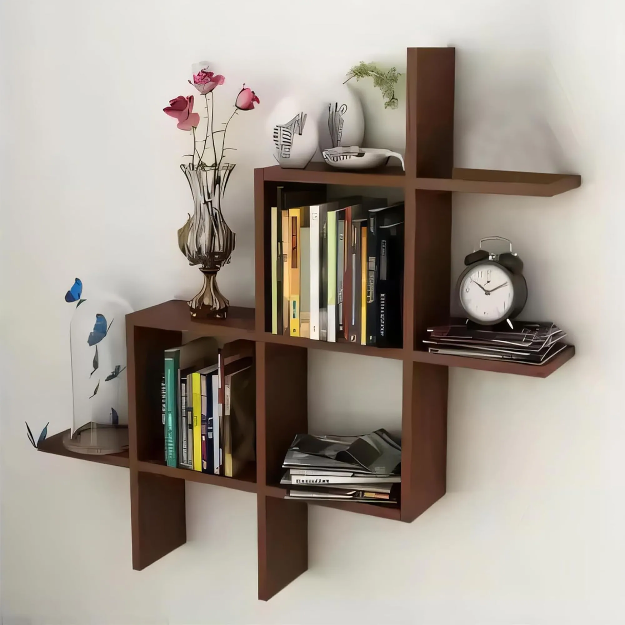 Kuber Industries Durable Wooden Sturdy & Long Lasting Floating Wall Mount Wooden Wall Shelf for Bedroom & Living Room | Furniture Wall Rack Shelf for Decor | Brown