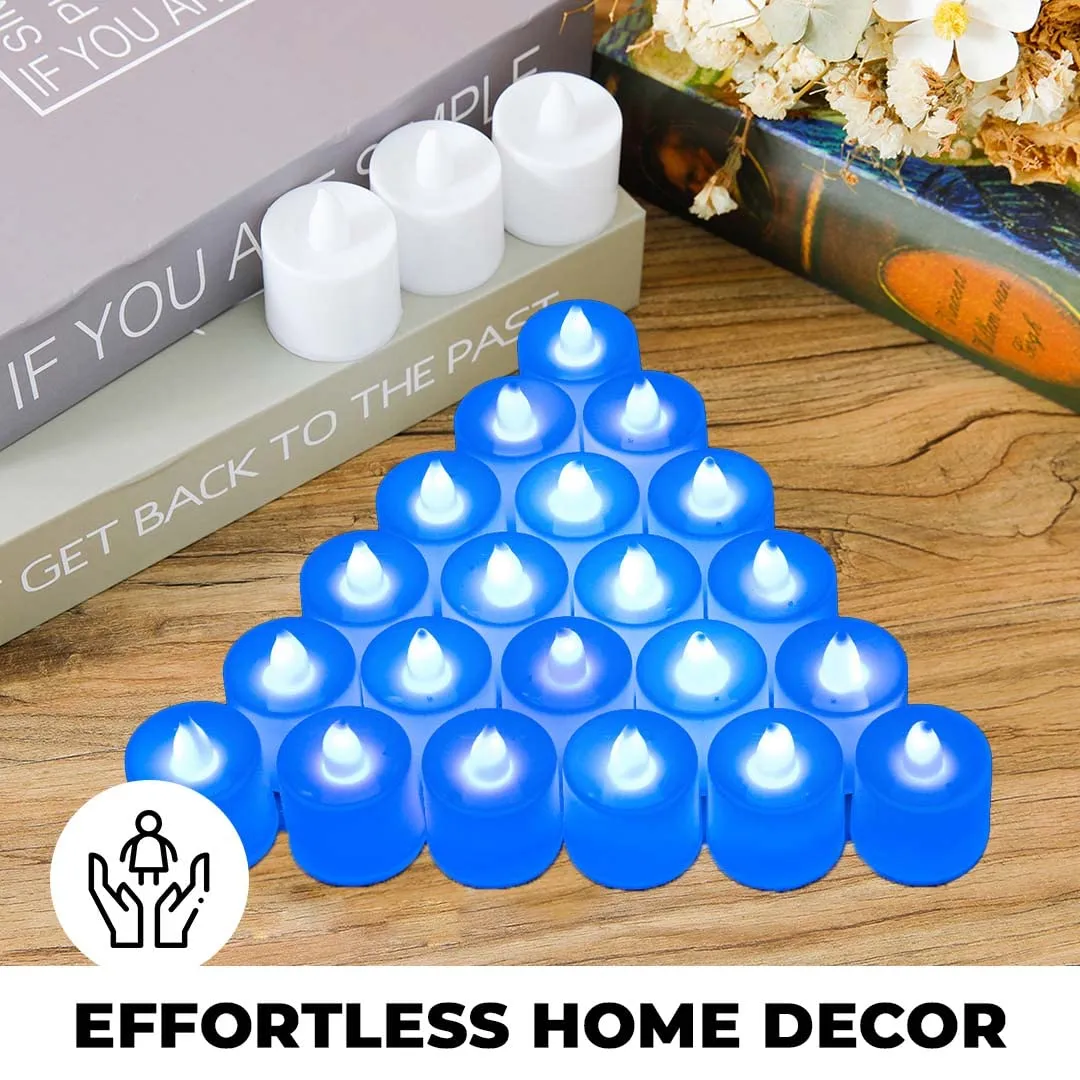 Kuber Industries LED Tea Light Candles for Home Decor |Battey Operated |Flameless Yellow Light |Diwali Lights for Home Decoration, Other Festivities & Parties|B0-051702B (Candle with Blue) Pack of 24