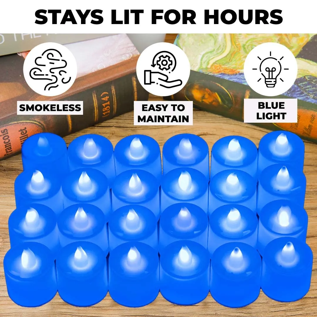 Kuber Industries LED Tea Light Candles for Home Decor |Battey Operated |Flameless Yellow Light |Diwali Lights for Home Decoration, Other Festivities & Parties|B0-051702B (Candle with Blue) Pack of 24