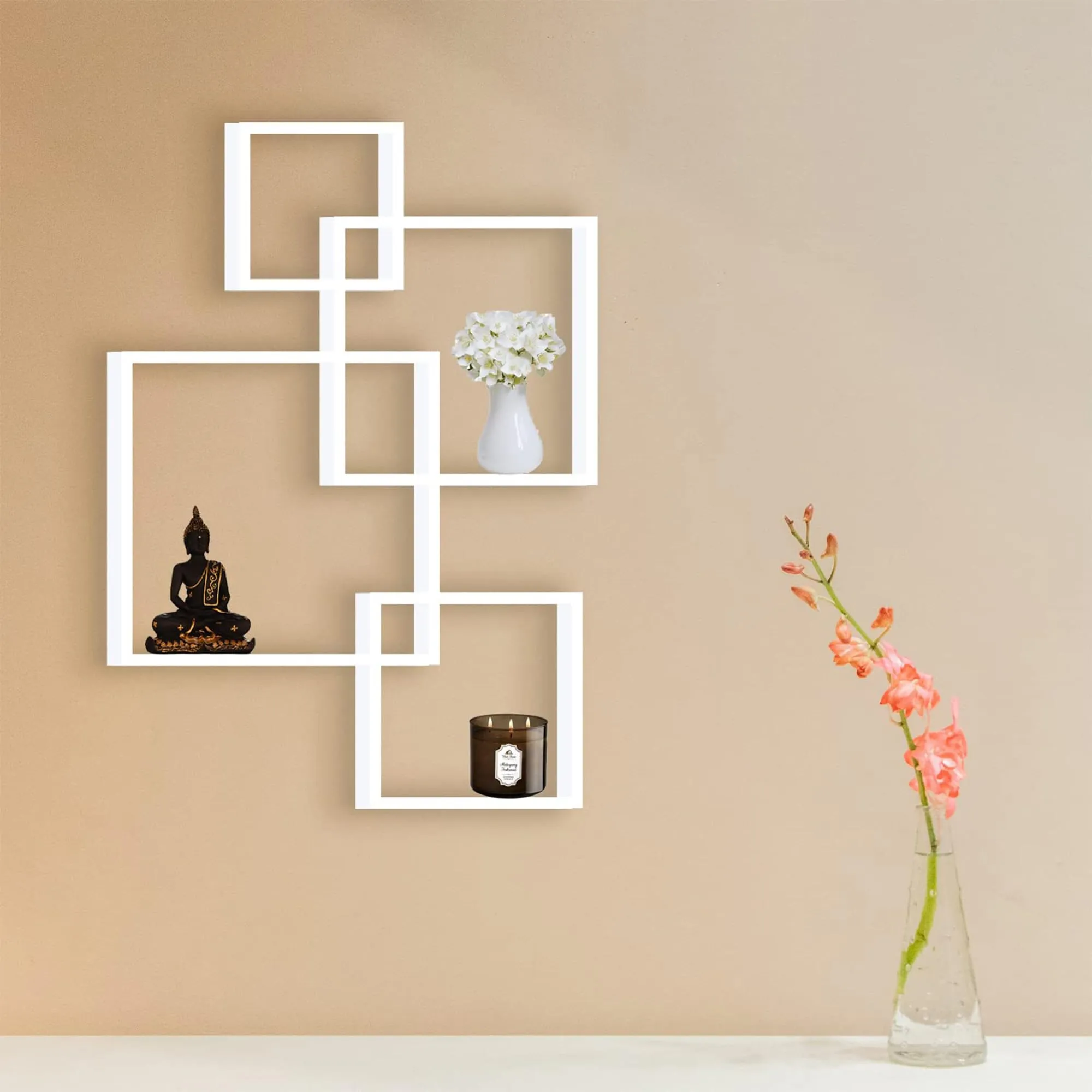 Kuber Industries Wooden 4 Intersecting Wall Mount Wooden Wall Shelf for Bedroom & Living Room | DIY Assembly Book Shelve for Home Library | Wall Rack Shelf for Decor | White
