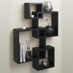 Kuber Industries Wooden 4 Intersecting Wall Mount Wooden Wall Shelf for Bedroom & Living Room | DIY Assembly Book Shelves for Home Library | Wall Rack Shelf for Decor | Black