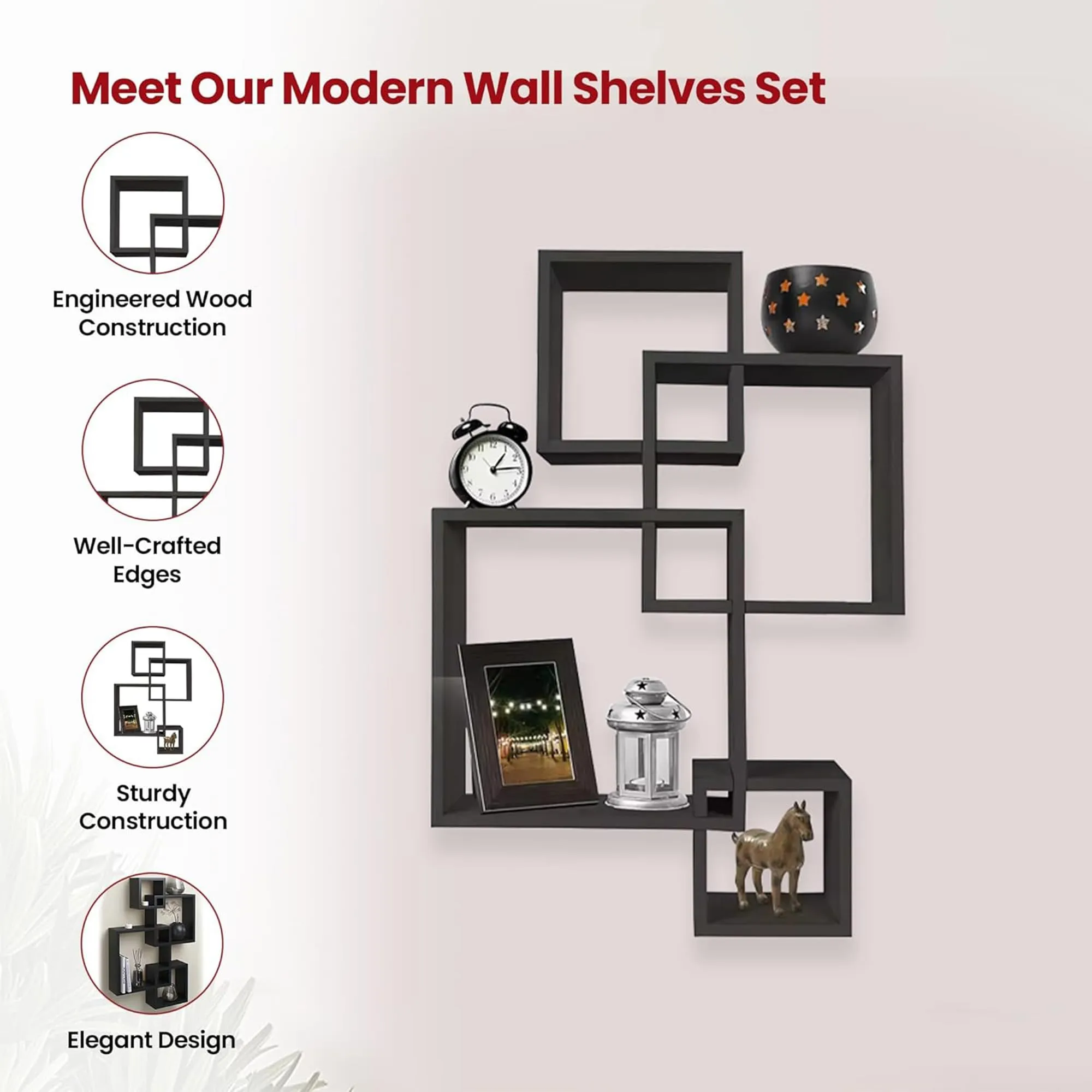 Kuber Industries Wooden 4 Intersecting Wall Mount Wooden Wall Shelf for Bedroom & Living Room | DIY Assembly Book Shelves for Home Library | Wall Rack Shelf for Decor | Black