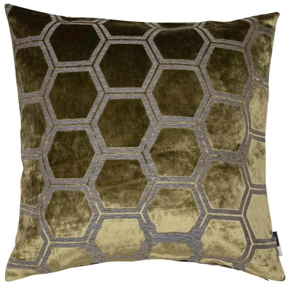 Large Hexagonal Cut Velvet Cushion - Olive Green