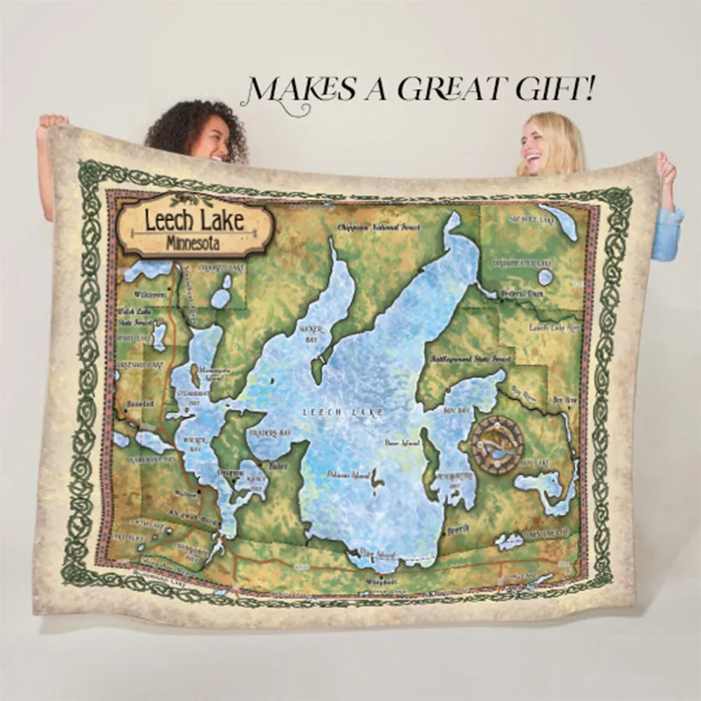 Leech Lake Minnesota Map Sherpa Fleece Blanket Double Stitched Edges Cozy Luxury Fluffy Super Soft 430 GSM Polyester Throw Blanket