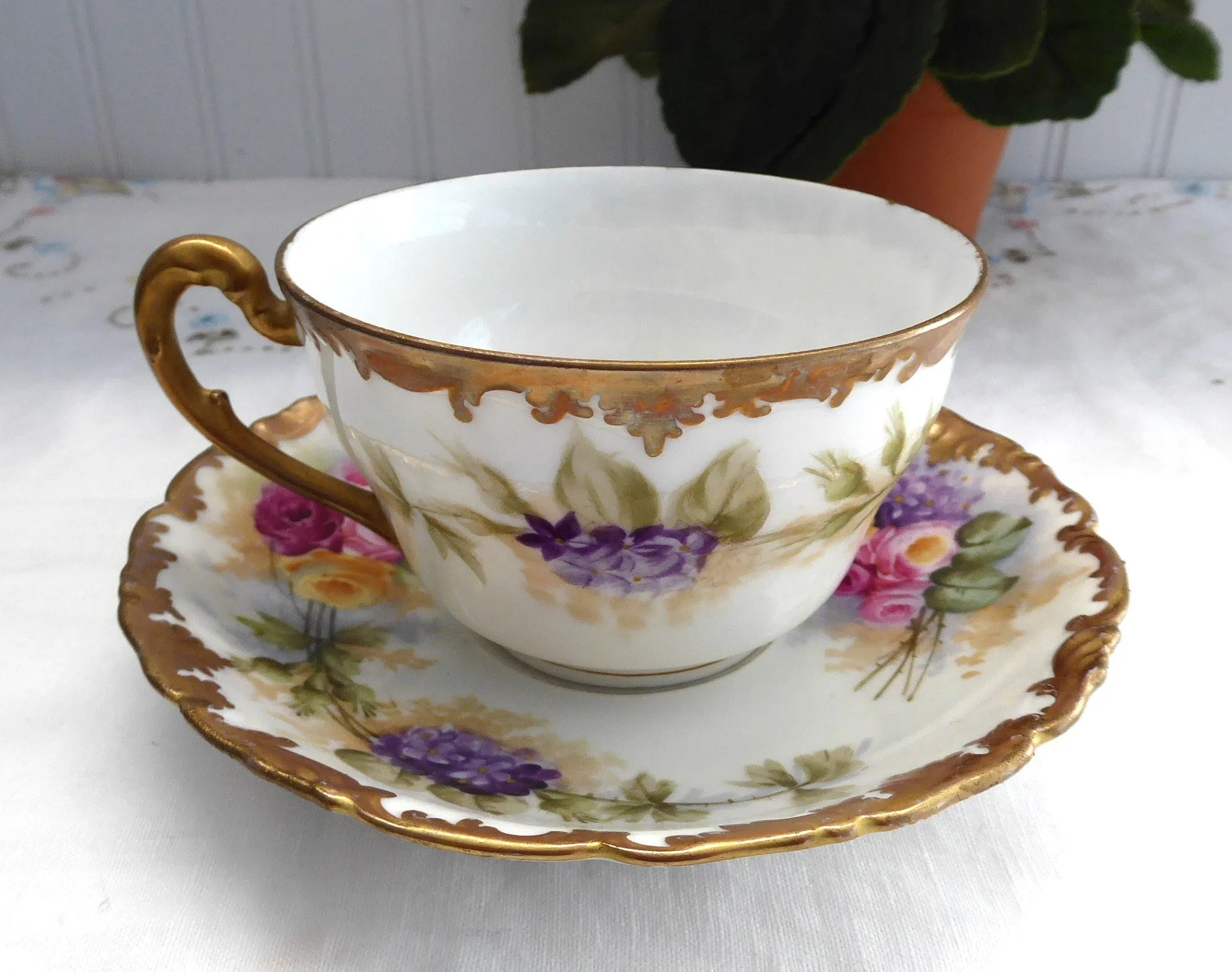 Limoges Hand Painted Cup And Saucer Signed Antique T&V Edwardian Teacup