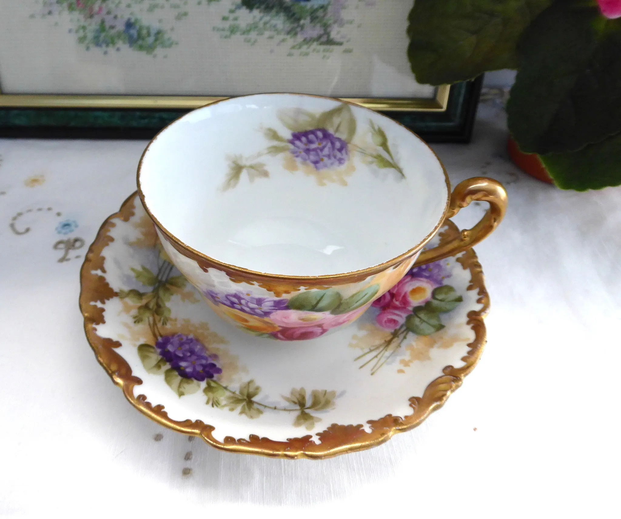 Limoges Hand Painted Cup And Saucer Signed Antique T&V Edwardian Teacup