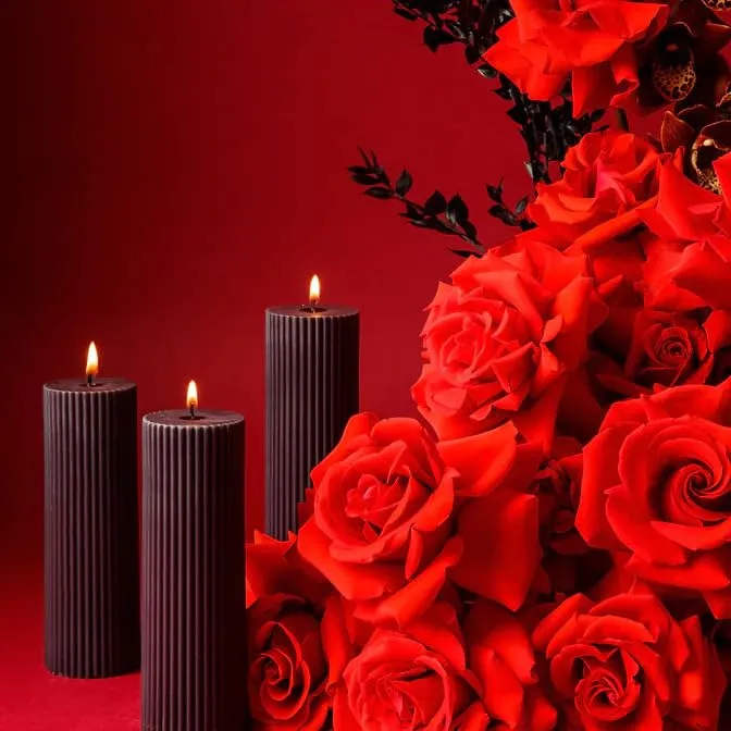 Luces Soy Wax Black Long Ribbed Pillar Candles Pack of 3 Scented 2''x5''Inches Candle Valentine Gift Wedding Home Party Decoration Spa X-mass Church