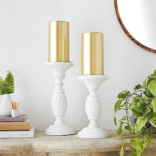 Lustrous Treasures Igniting Magic: Set of 4 Unforgettable Gold-Leafed Pillar Candles, Meticulously Handcrafted to Transform Any Space into a Realm of Unparalleled Opulence.