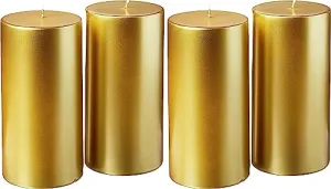 Lustrous Treasures Igniting Magic: Set of 4 Unforgettable Gold-Leafed Pillar Candles, Meticulously Handcrafted to Transform Any Space into a Realm of Unparalleled Opulence.
