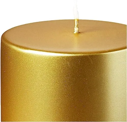 Lustrous Treasures Igniting Magic: Set of 4 Unforgettable Gold-Leafed Pillar Candles, Meticulously Handcrafted to Transform Any Space into a Realm of Unparalleled Opulence.