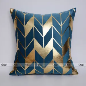 Luxury Foil Print Robbin Blue and Golden Velvet Cushion 16 x 16 inches 1040182