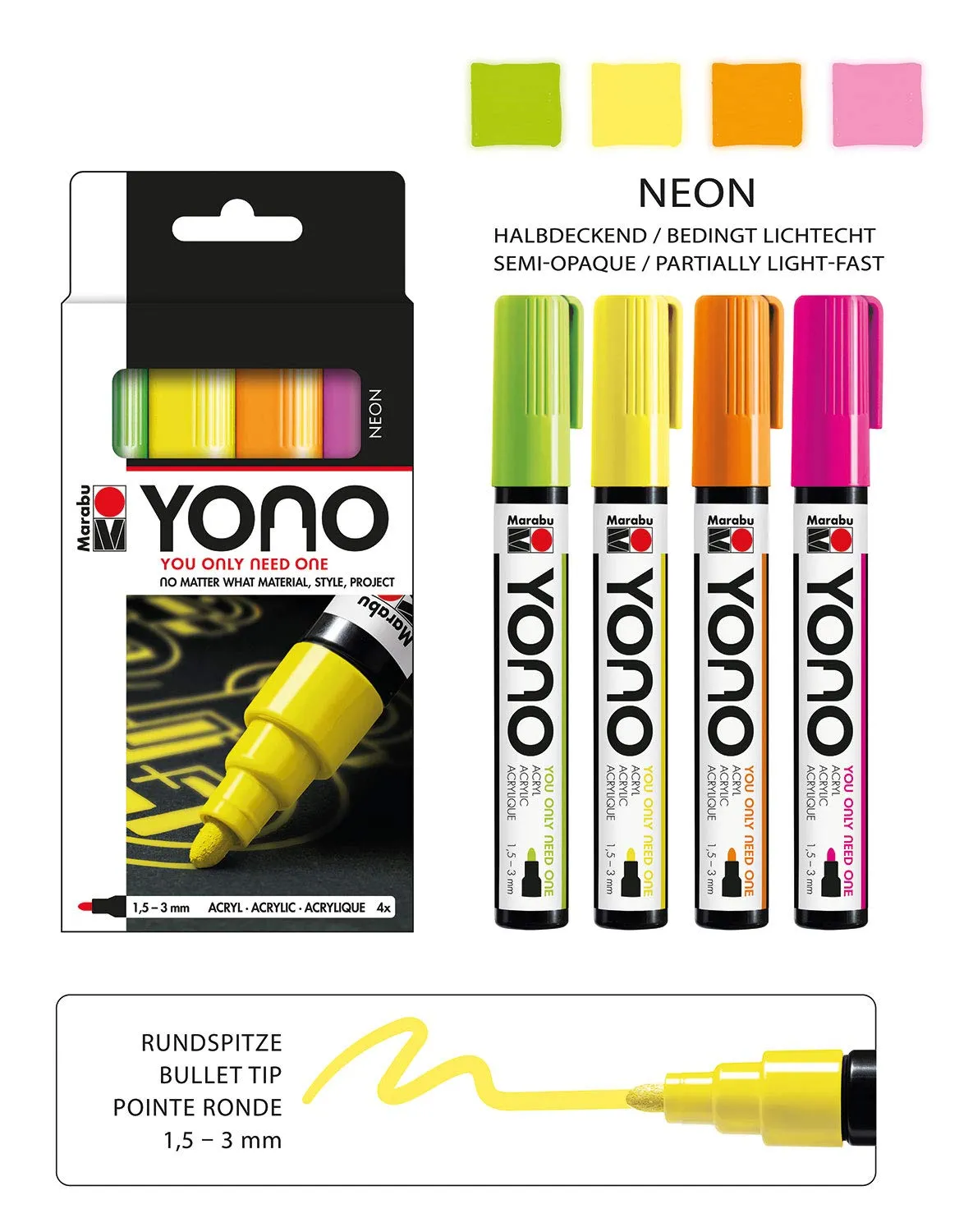 Marabu Yono Marker Set 4 X Yono Marker 1.5-3 Mm (Neon-Green 365, Neon-Yellow 321, Neon-Orange 324, Neon-Pink 334)