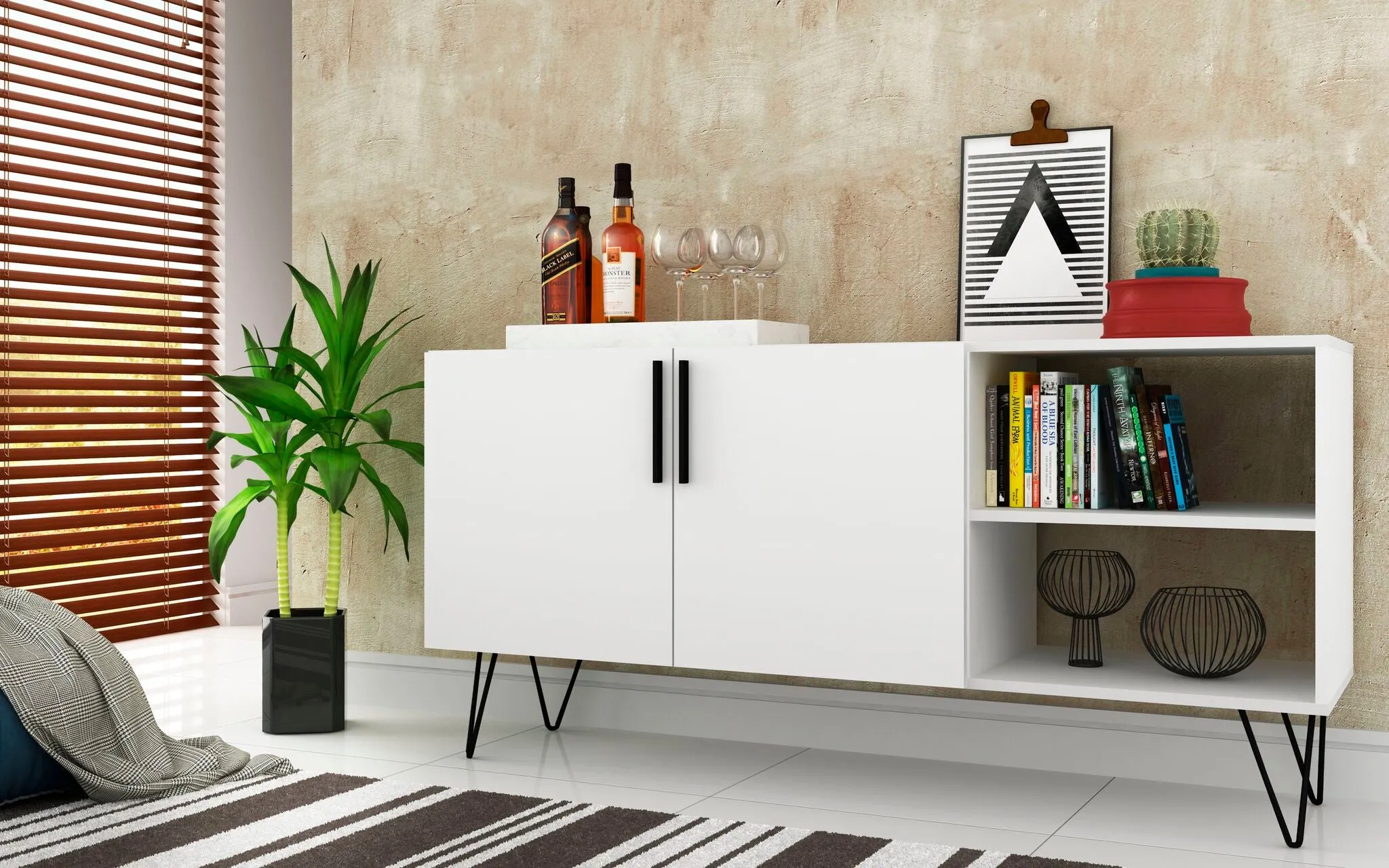Mid-Century - Modern Nolita 53.15" Sideboard with 4 Shelves in White