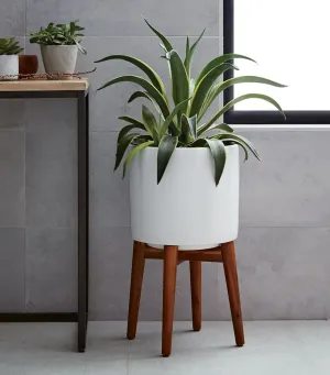 Mid-Century Turned Wood Leg Planter - Solid White