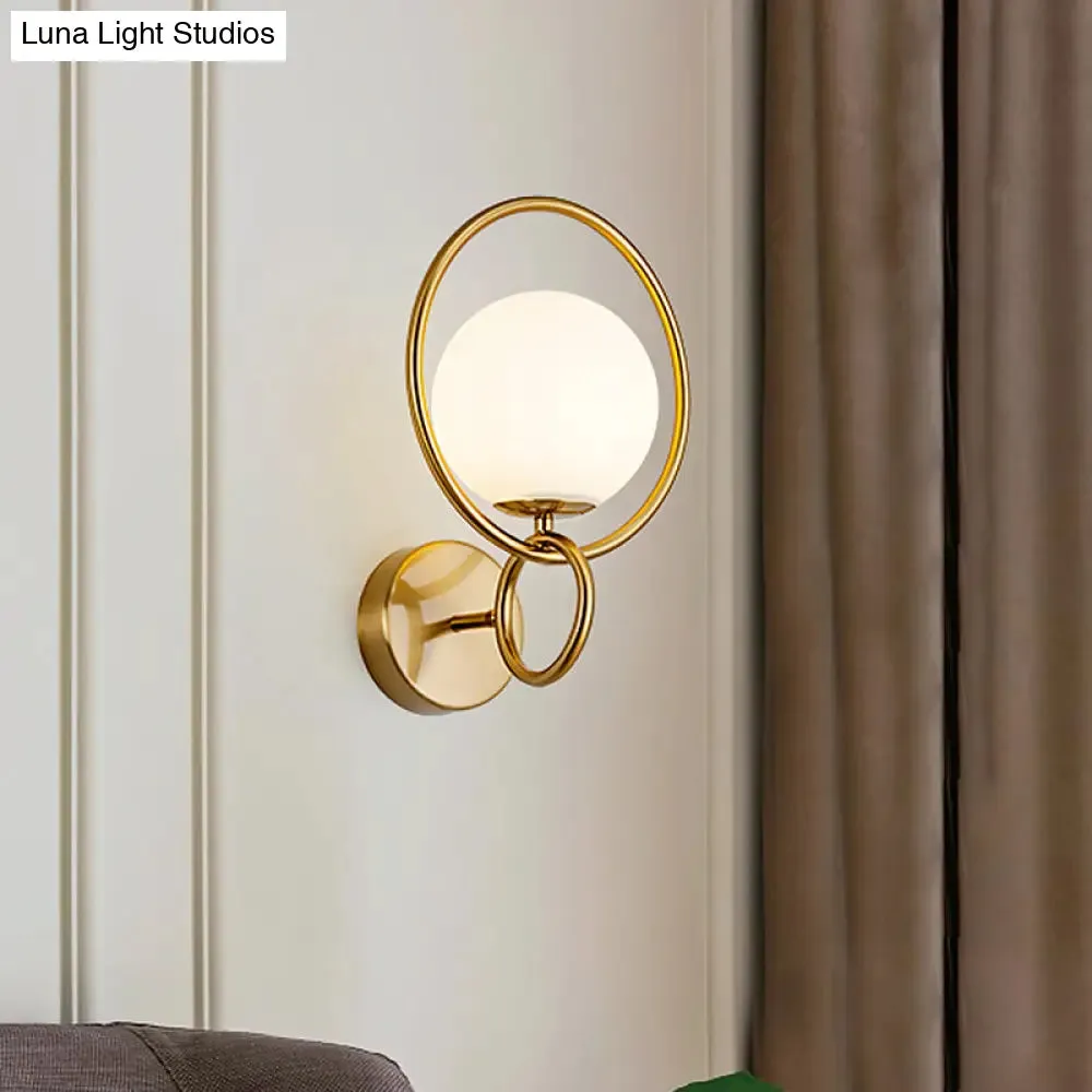 Modern 1-Bulb Brass Finish Wall Lamp with Opal Glass Shade
