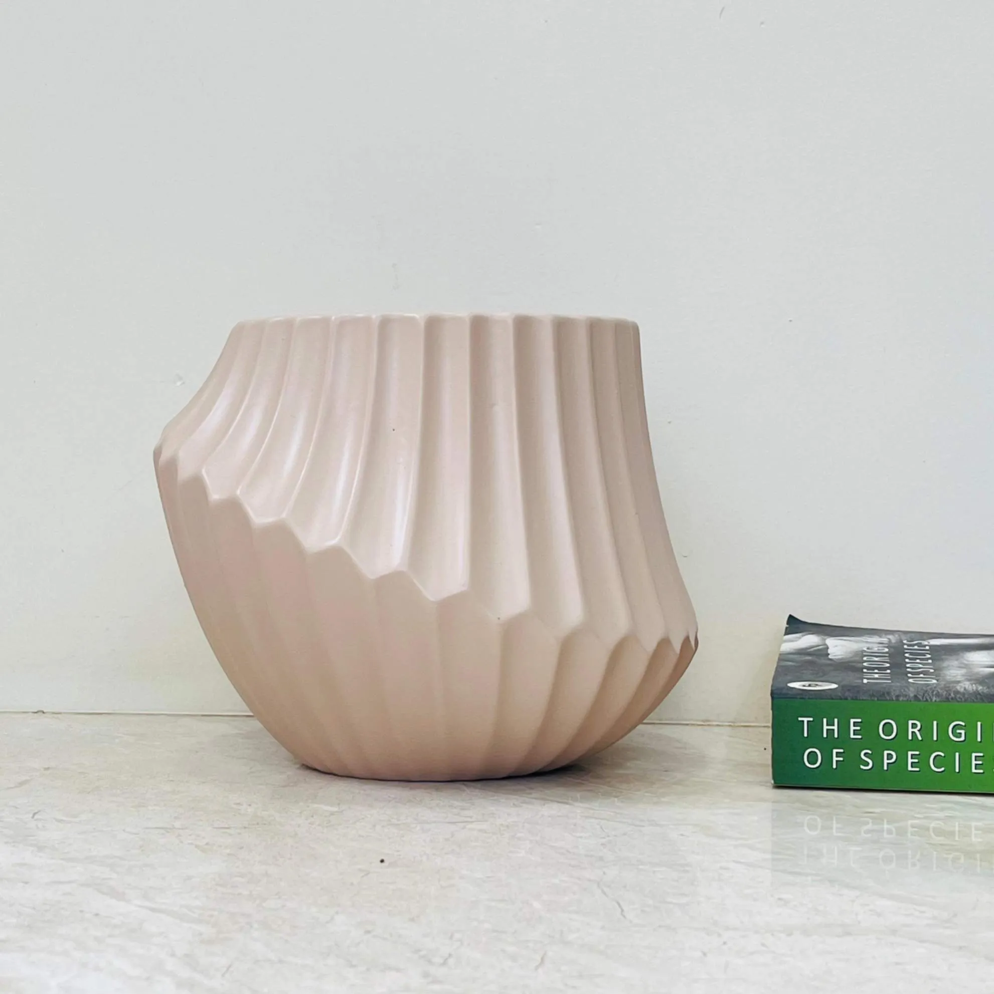 Modern Beige Ribbed Ceramic Plant Pot