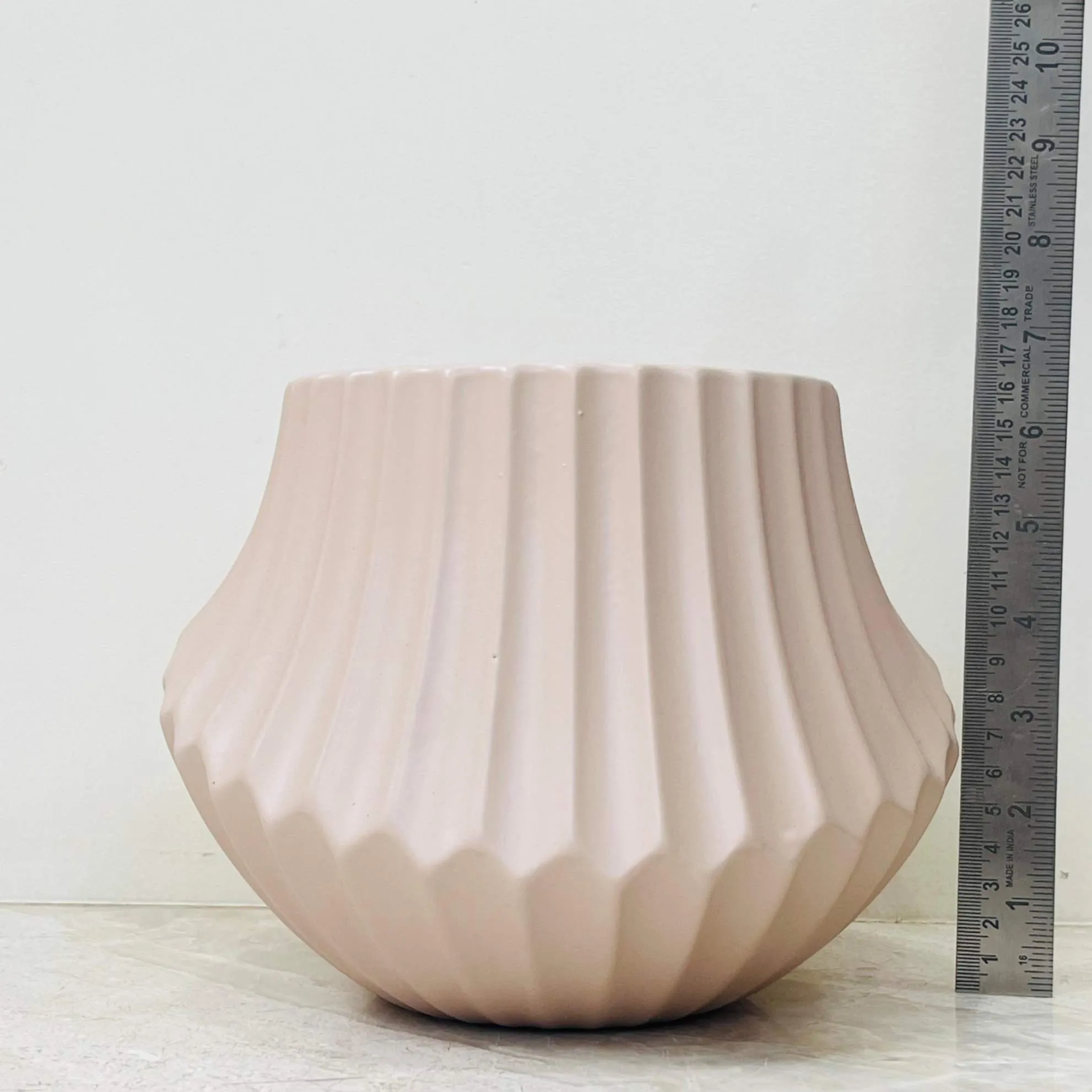 Modern Beige Ribbed Ceramic Plant Pot