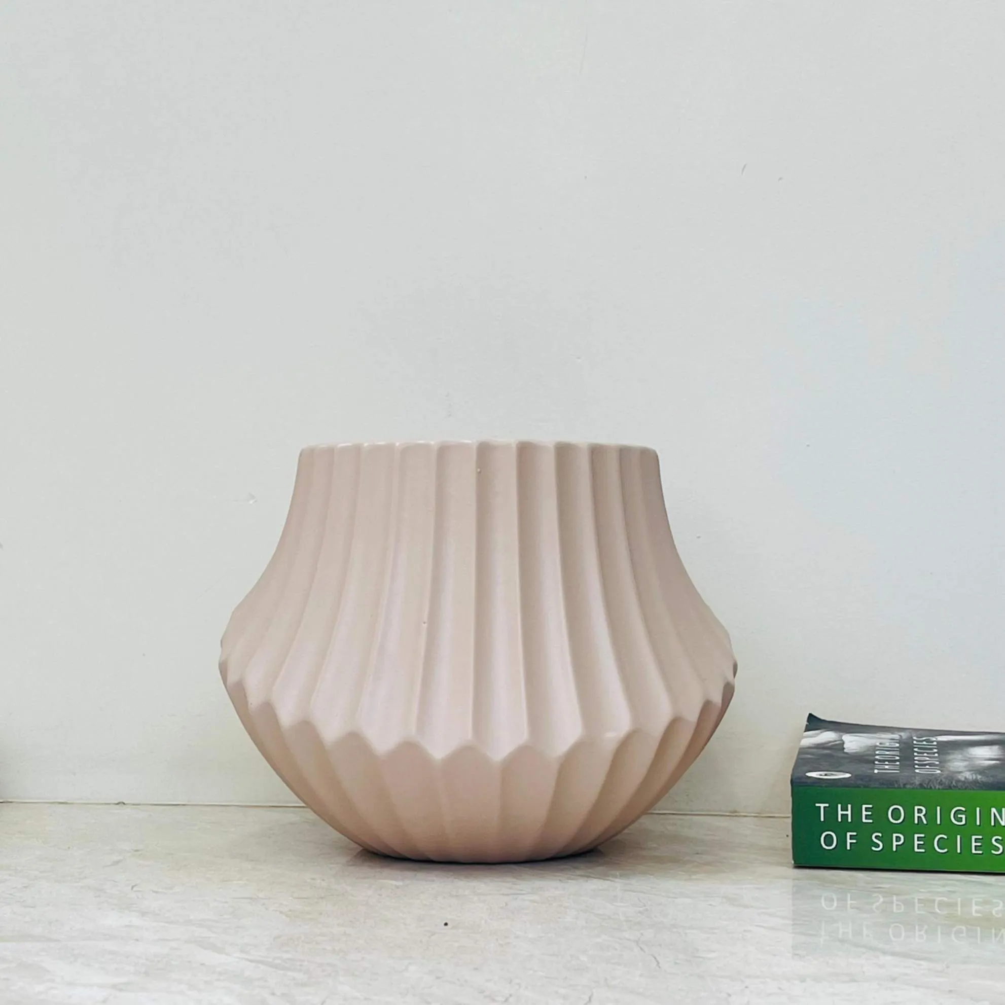 Modern Beige Ribbed Ceramic Plant Pot