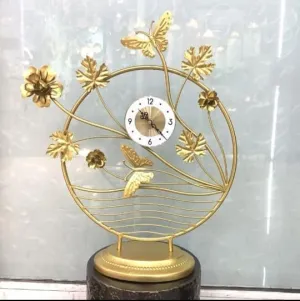 Mokshith Modern Table Clock on Stand, Decorative Desk and Shelf Clock,Butterfly Design Silent Quartz Round Large Mute Non Ticking Metal Clock Farmhouse Clock Non-Ticking (MO-14)