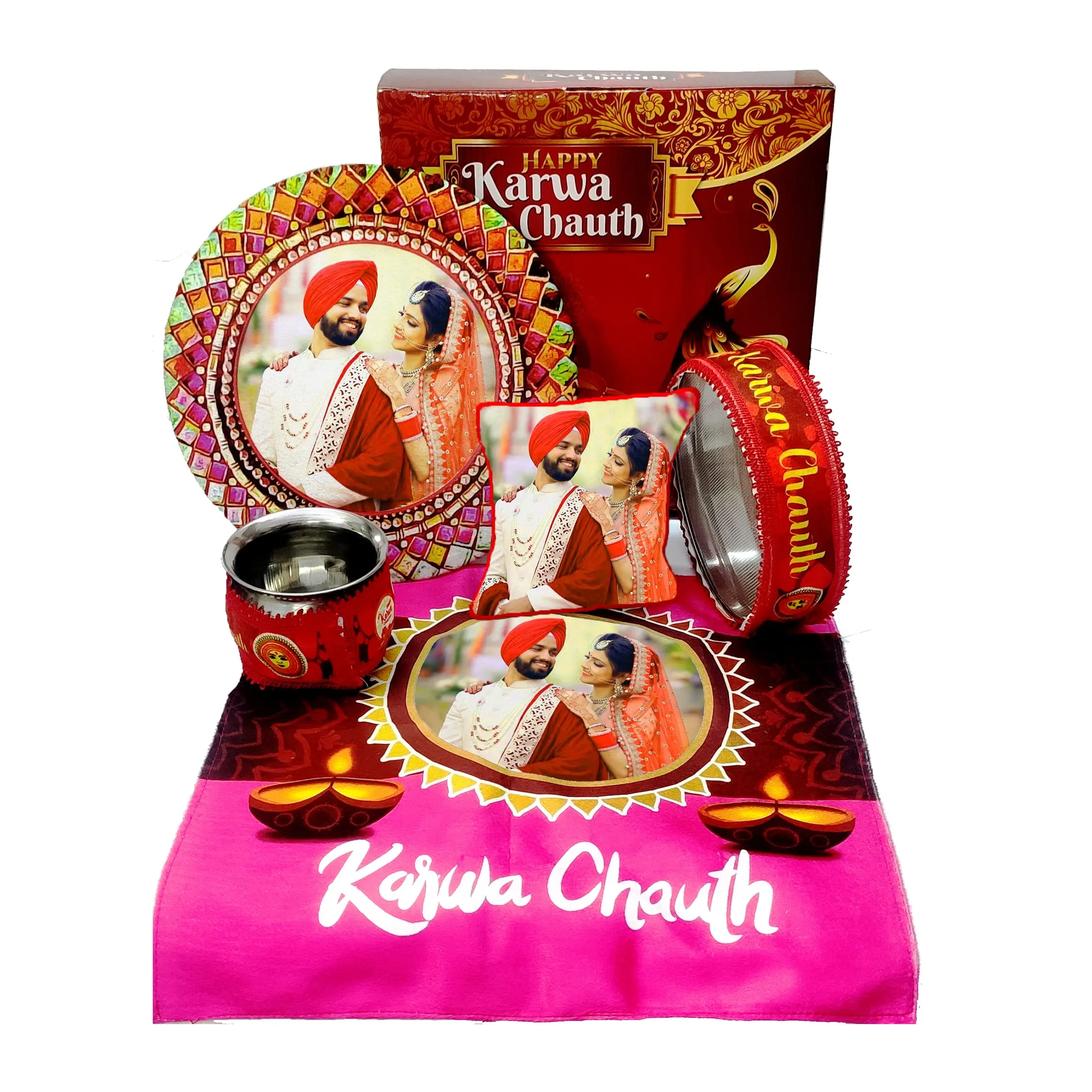Mukesh Handicrafts Personalized/Customized Photo Karwachauth Pooja Thali Set - Gift for Wife Sister Mother & Friends