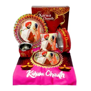 Mukesh Handicrafts Personalized/Customized Photo Karwachauth Pooja Thali Set - Gift for Wife Sister Mother & Friends