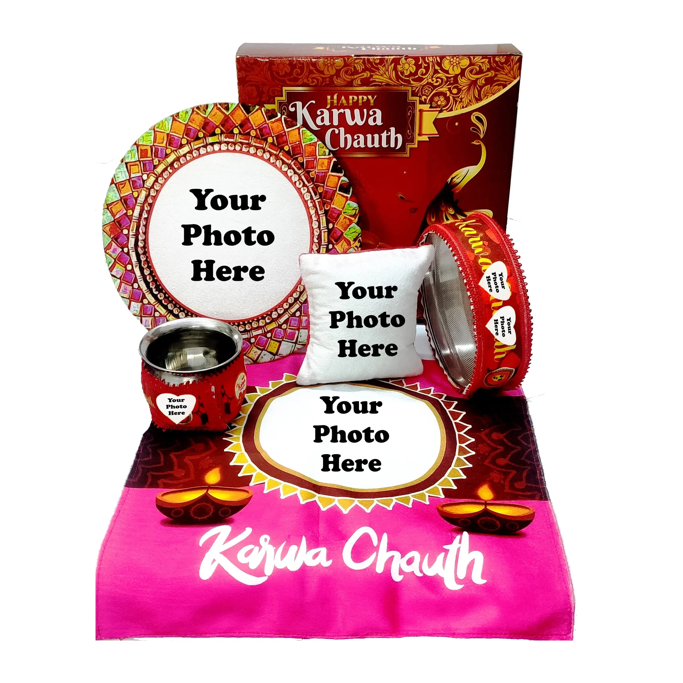 Mukesh Handicrafts Personalized/Customized Photo Karwachauth Pooja Thali Set - Gift for Wife Sister Mother & Friends