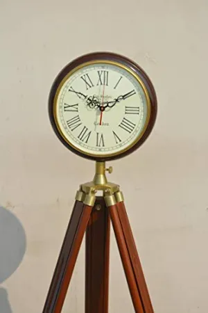 Nautical Art Vintage Tripod Floor Clock with Roman Numerals and Brass Accents - Elegant Antique Design, Wooden Stand, London-Inspired Decor,