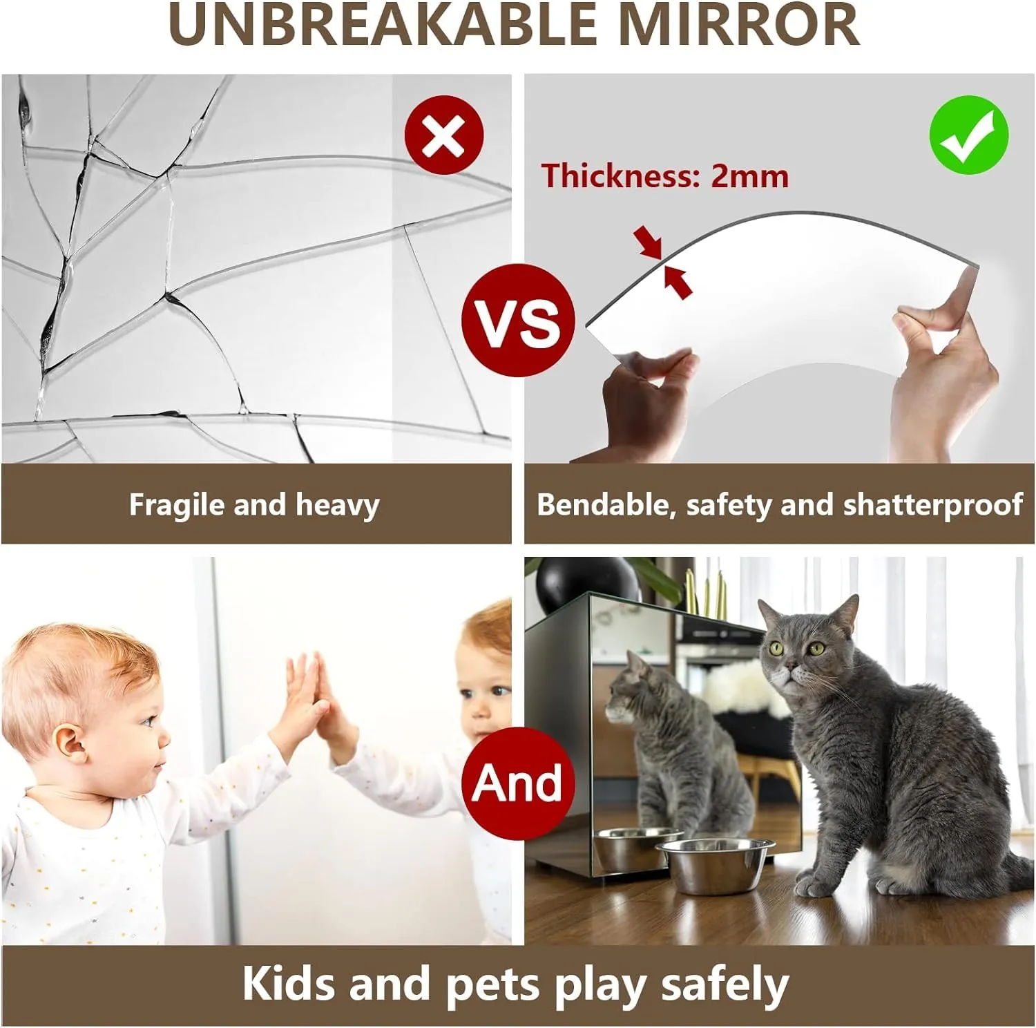 Navaliya Full Length Acrylic Wall Mirror, Glassless Mirror For Kids, Unbreakable Frameless Stickers Home Gym Mirror, Bedroom, Living Room, Door (12"X12", 1.5 Mm, 4Pcs) - Square, Silver