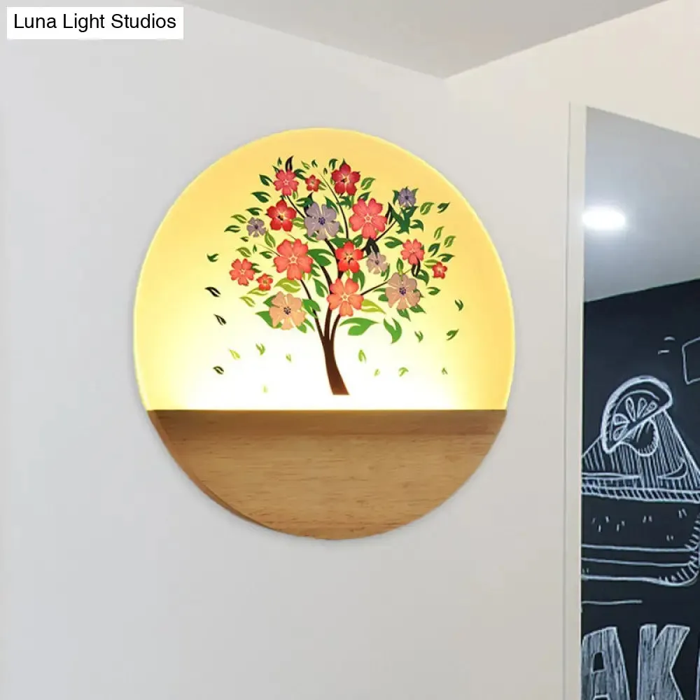 Nordic LED Wall Light with Wood Tree and Animal/Flowering Tree Print Design, Acrylic Shade Included