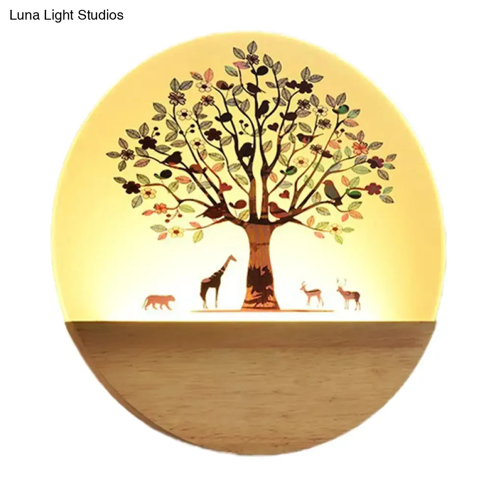 Nordic LED Wall Light with Wood Tree and Animal/Flowering Tree Print Design, Acrylic Shade Included