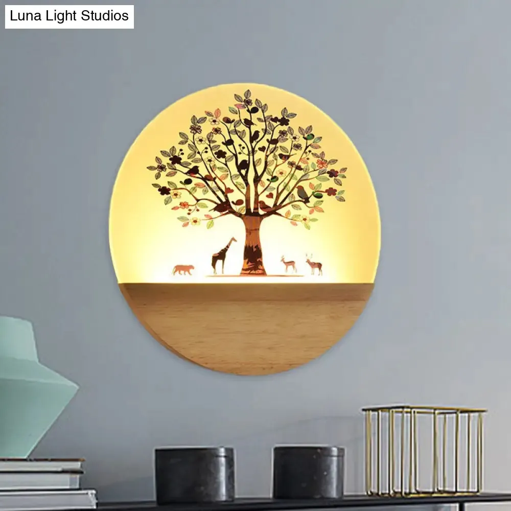 Nordic LED Wall Light with Wood Tree and Animal/Flowering Tree Print Design, Acrylic Shade Included