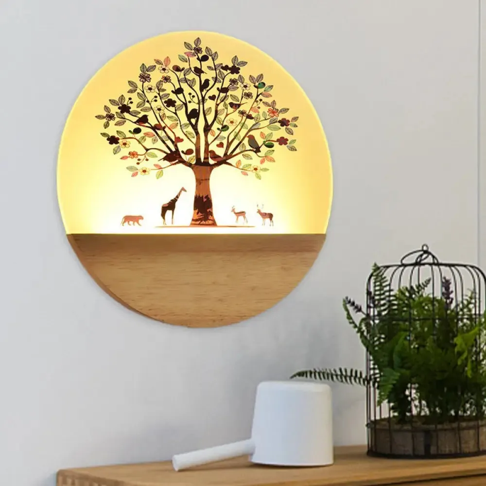Nordic LED Wall Light with Wood Tree and Animal/Flowering Tree Print Design, Acrylic Shade Included