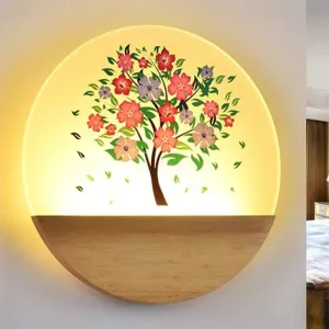 Nordic LED Wall Light with Wood Tree and Animal/Flowering Tree Print Design, Acrylic Shade Included